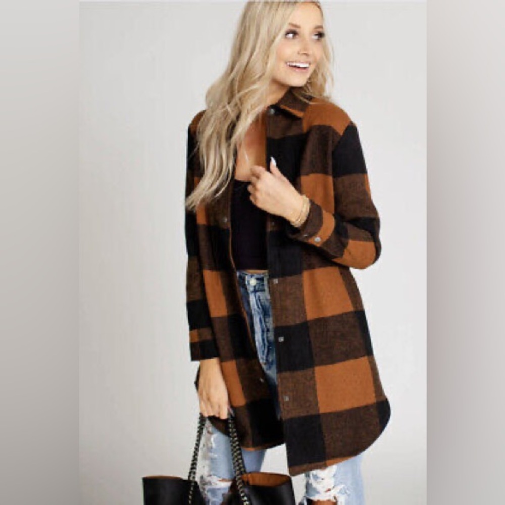 BB Dakota Anthropologie Eldridge Buffalo Plaid Jacket Shacket Caramel Brown Smal